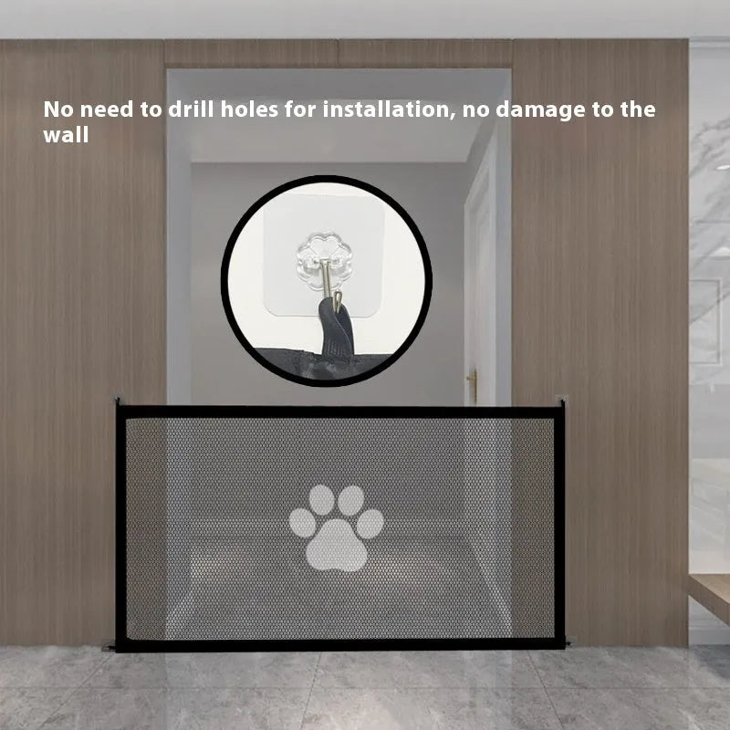 Portable folding dog barrier net fence with pet doorsill design showing black dog footprints