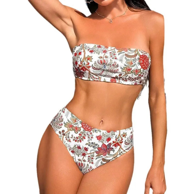 Women's printed bandeau triangle bikini top and matching shorts swimsuit set