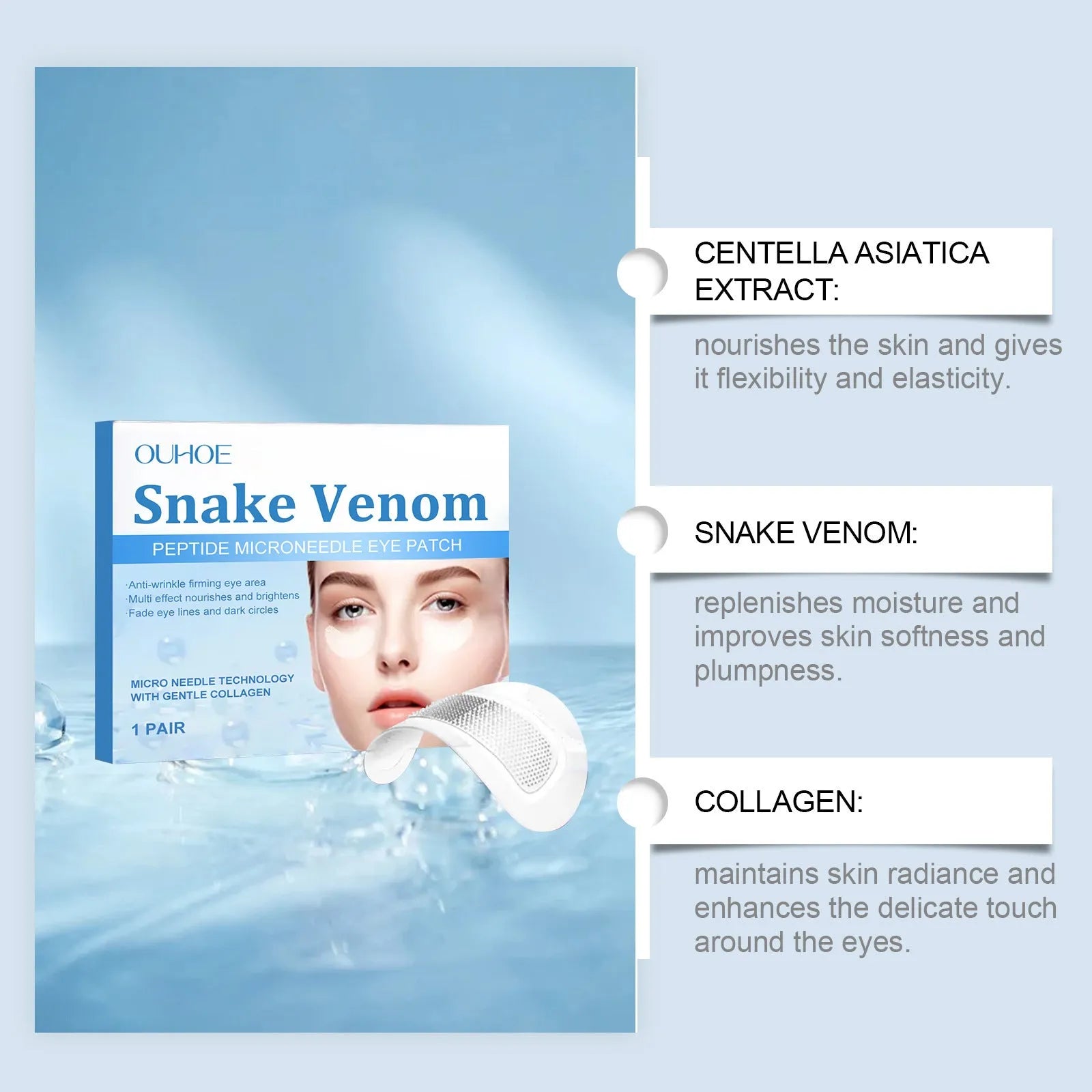 Elastic microneedle eye care patch for wrinkle treatment containing collagen and peptides