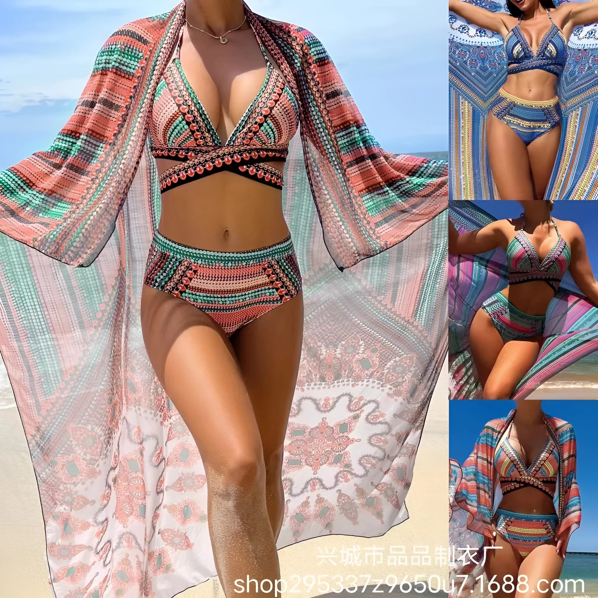 Women's retro ethnic style bikini with split cross strap top in blue colour