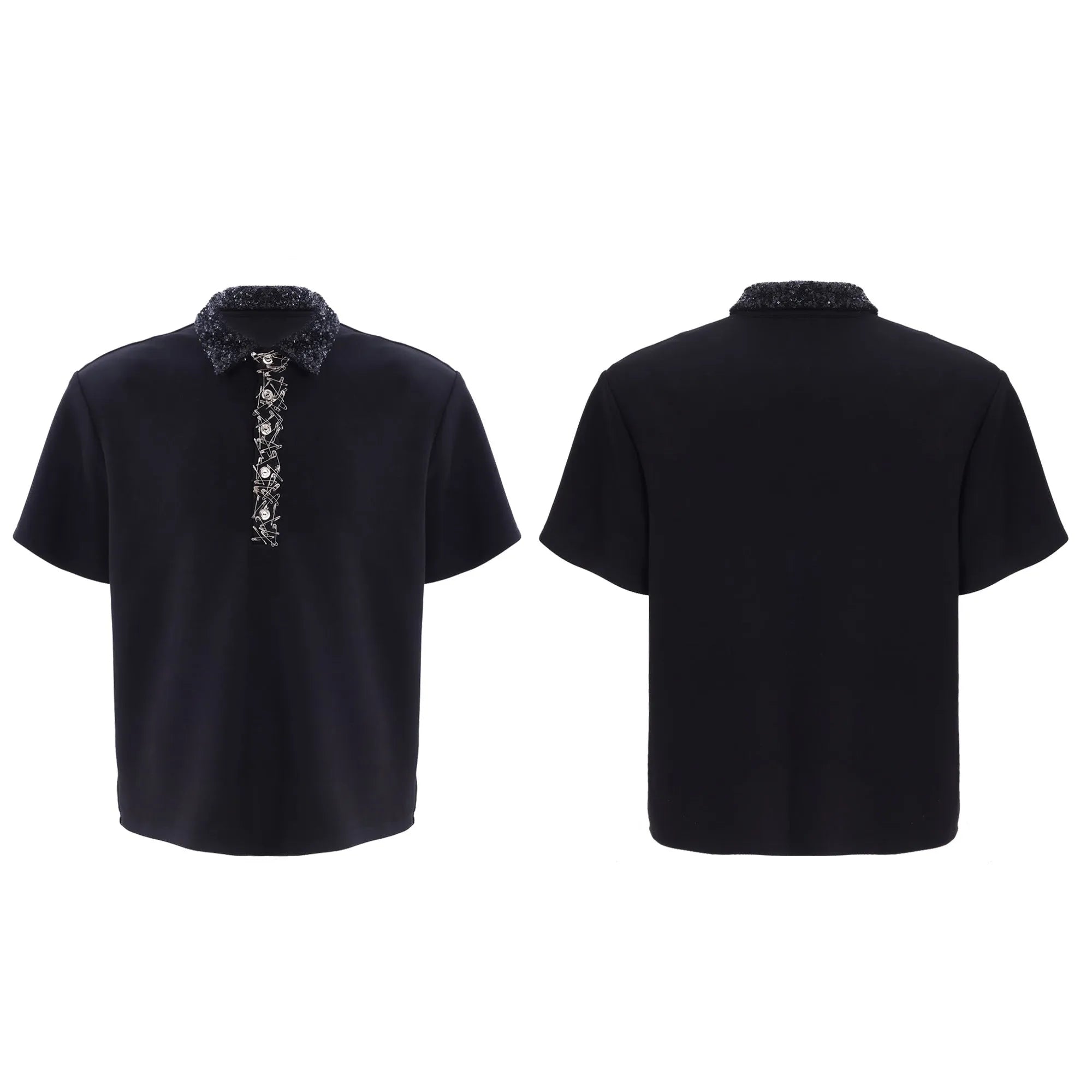 Men's black loose fit polo shirt with square collar and embroidered sequins detail on the front.
