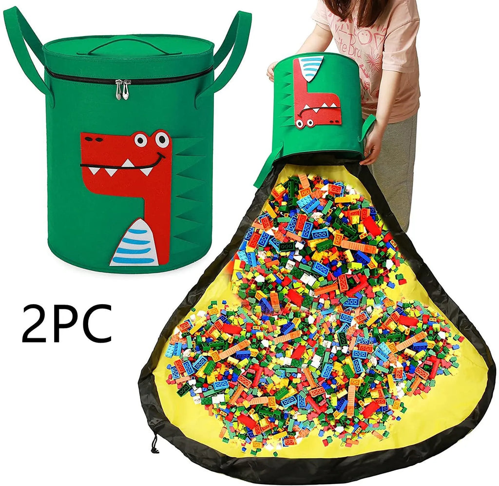 Green felt cube storage bag with pull rope, shown both as a flat play mat and gathered toy bag