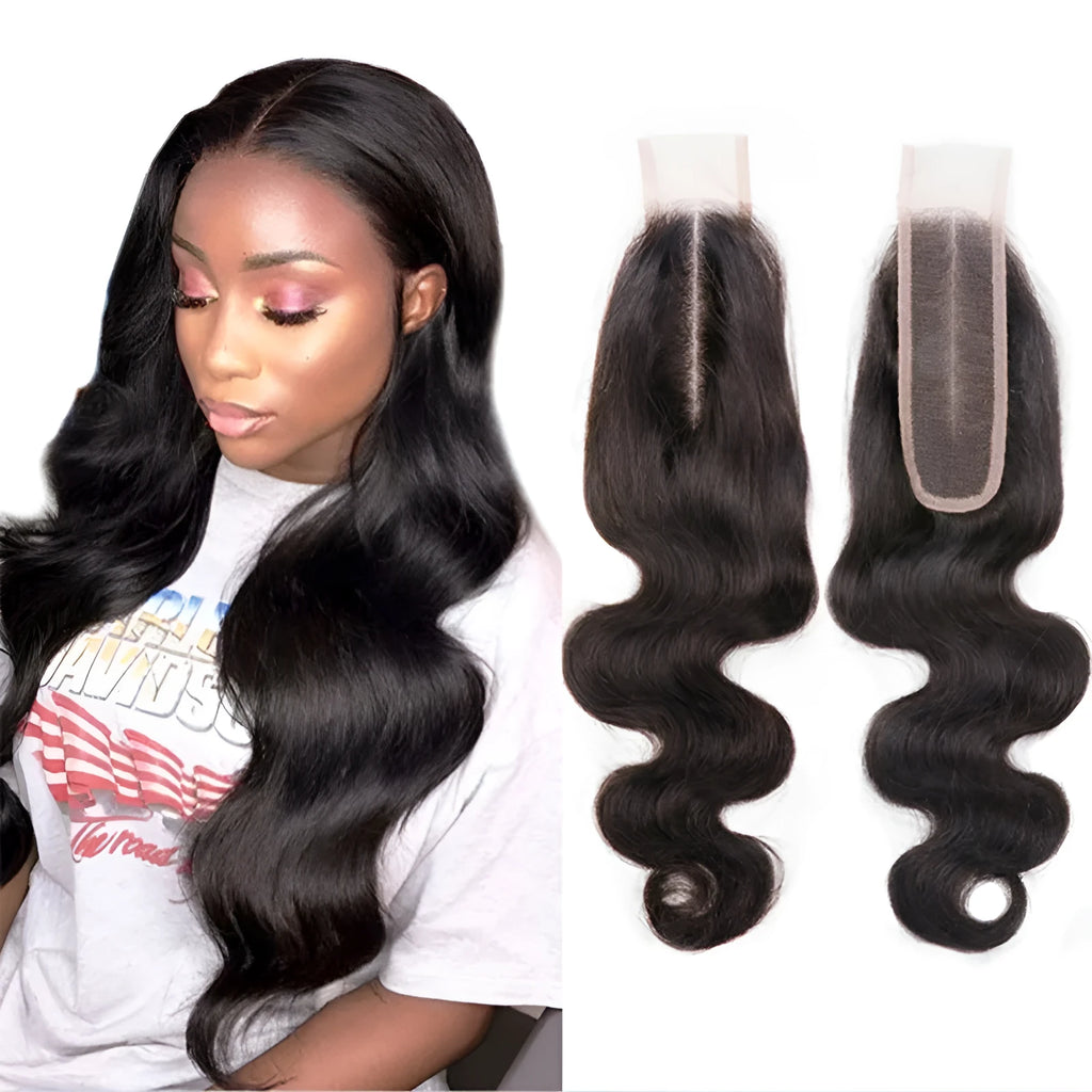 Straight human hair wig in natural colour shown at medium length.