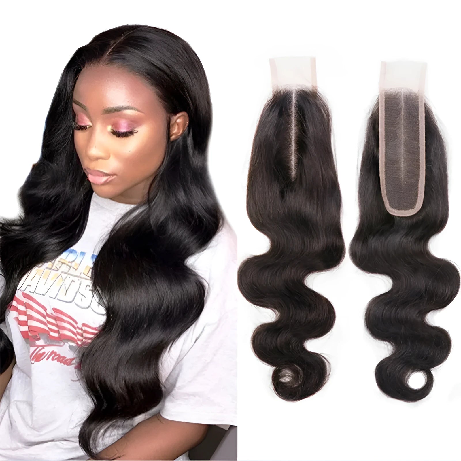 Straight human hair wig in natural colour shown at medium length.