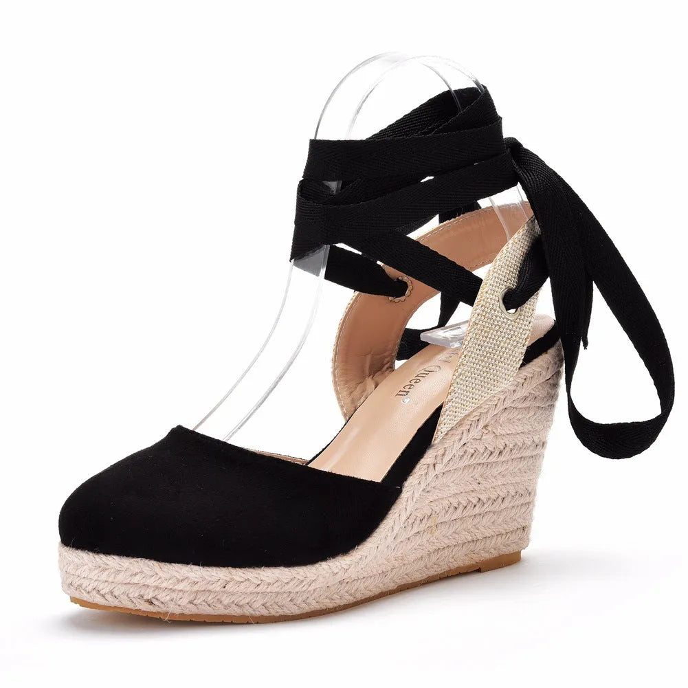 Women's apricot bohemian wedge sandals with tassel beads, buckle strap, and a high platform sole.