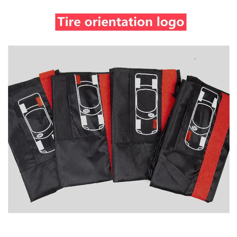 Four oxford cloth car tyre protective covers showing black belt style and red belt style options