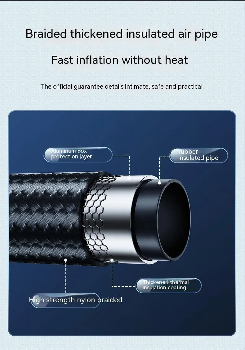 Black portable electric car air pump with tyre pressure gauge and inflation hose.