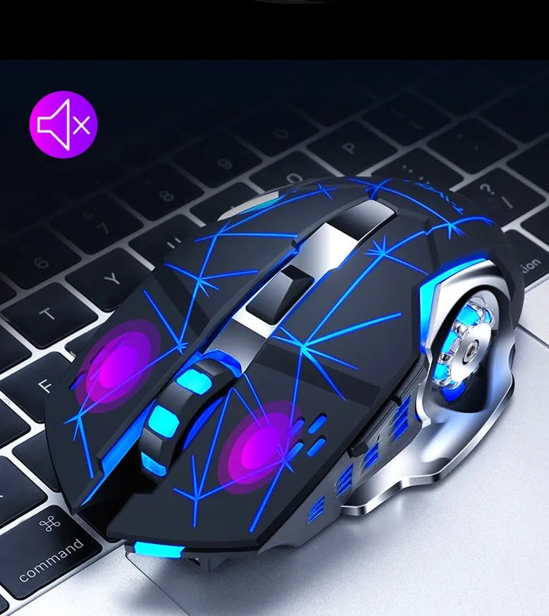 Black and white wireless silent mouse with USB charging port showing six buttons