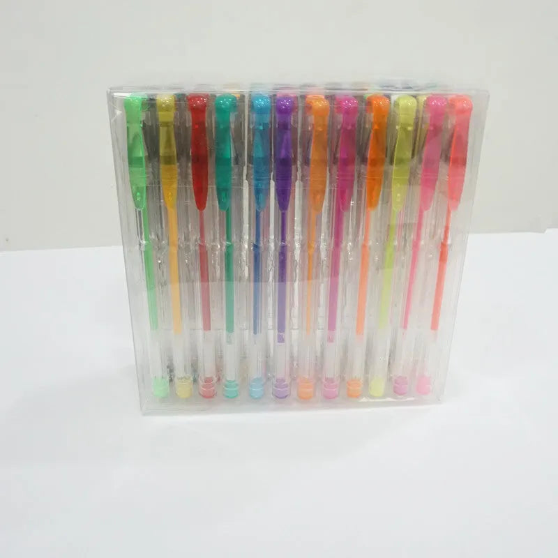 Set of 100 multicolour gel pens and highlighters with 0.5mm and 1mm tips on a white background.