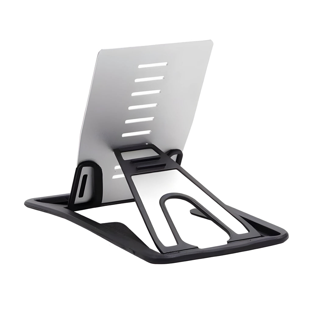 Black minimalist card phone holder for desk, measuring 8.5cm wide by 5cm deep.