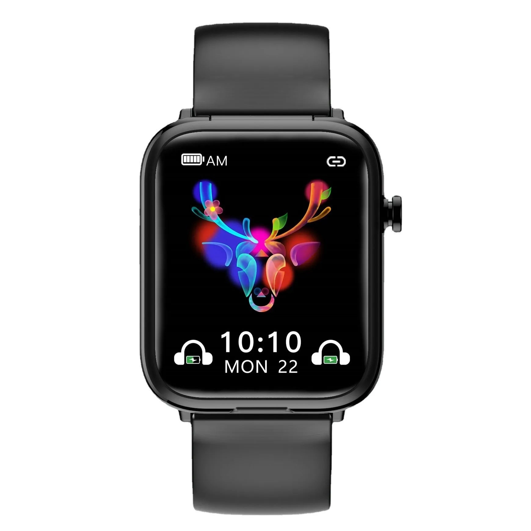 Black smartwatch with touchscreen paired with wireless earbuds on a charging cable.