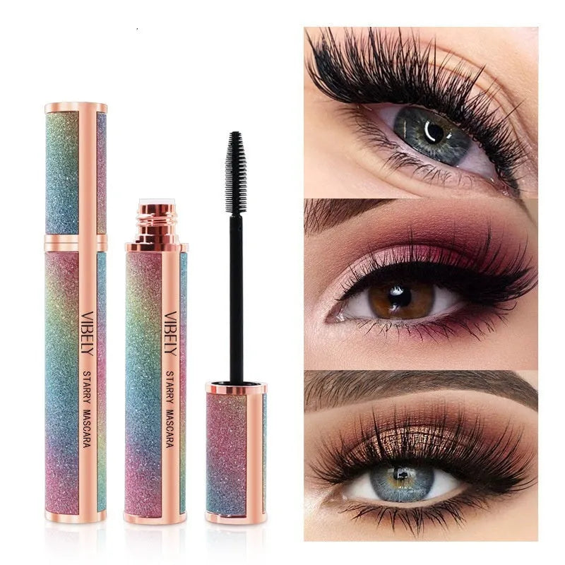 Black waterproof curling mascara tube with brush applicator in English packaging