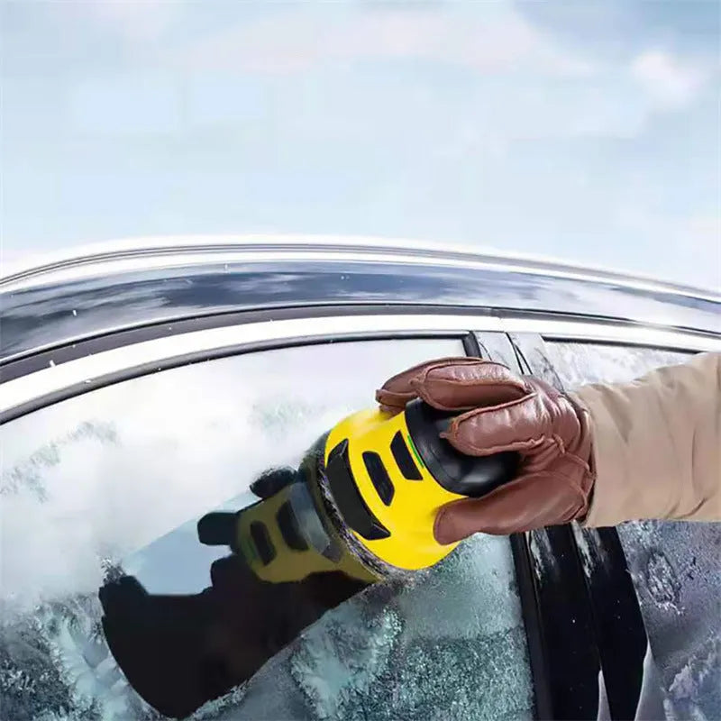 Yellow cordless electric ice scraper with funnel-shaped head next to a USB charging cable.