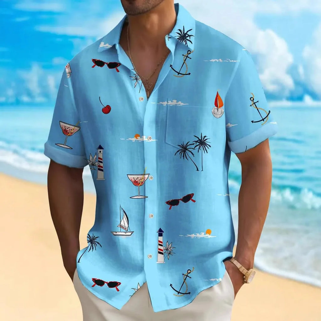 Man wearing a loose-fit short-sleeve Hawaiian shirt with a vibrant digital print pattern.
