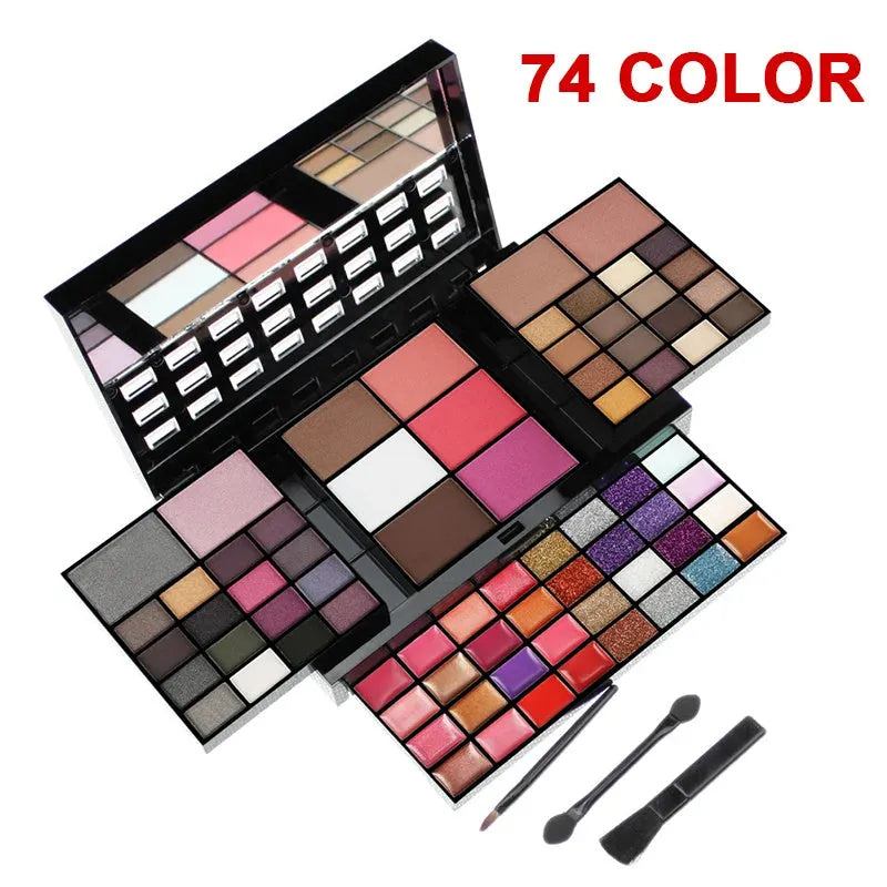 74 colour makeup palette set with four layers, mirror and brushes including eyeshadows and lip glosses