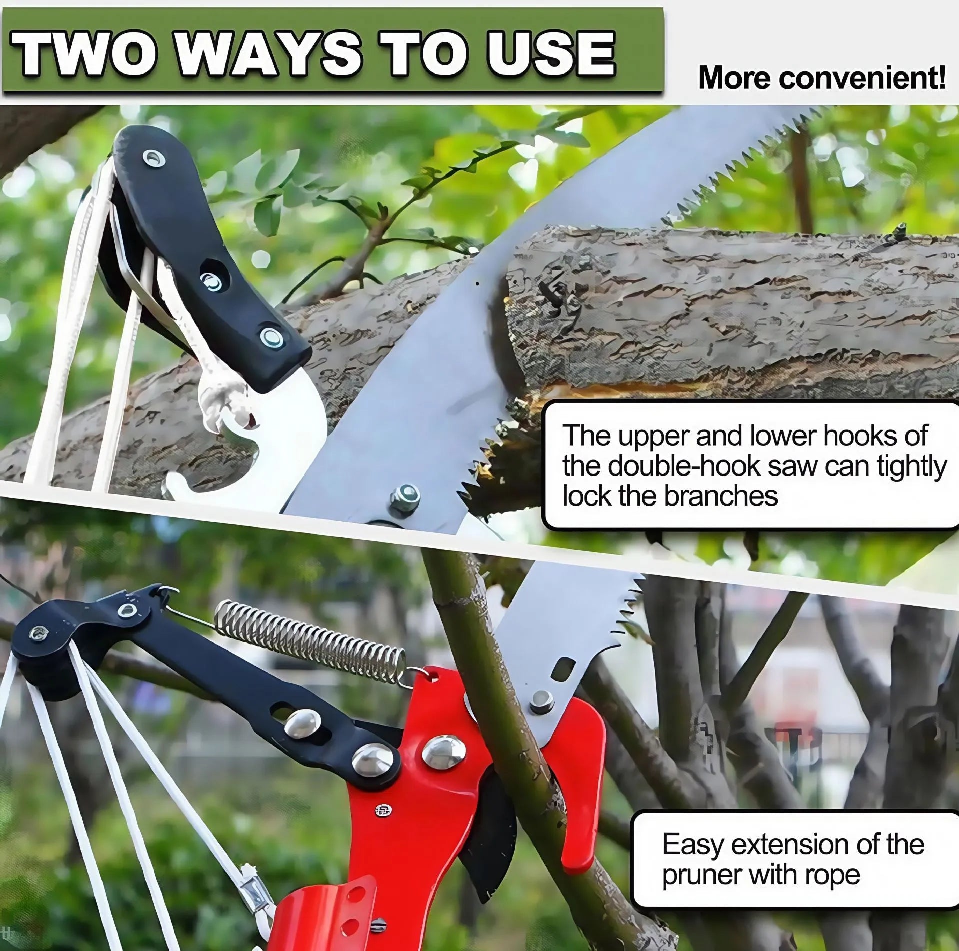 Pull rope pruning shears with 8-section metal pole extended to 3.3 metres for high branch cutting