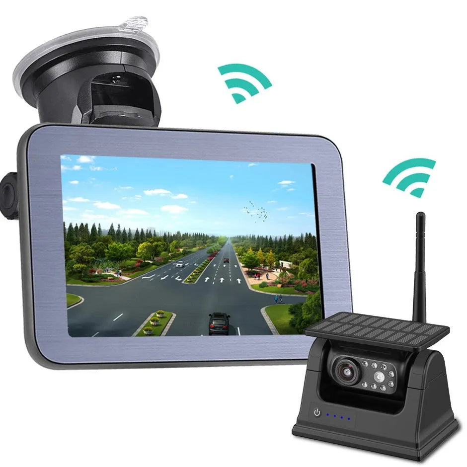 HD wireless solar magnet rearview camera with 5-inch AHD rear view monitor for cars and trucks