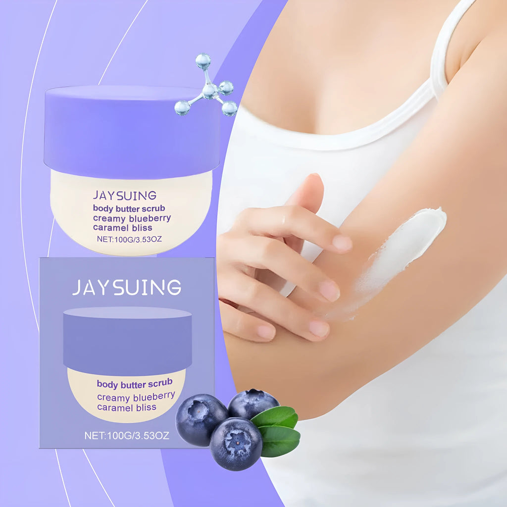 100g jar of Blueberry Caramel Body Scrub Cream with gentle walnut shell powder exfoliant