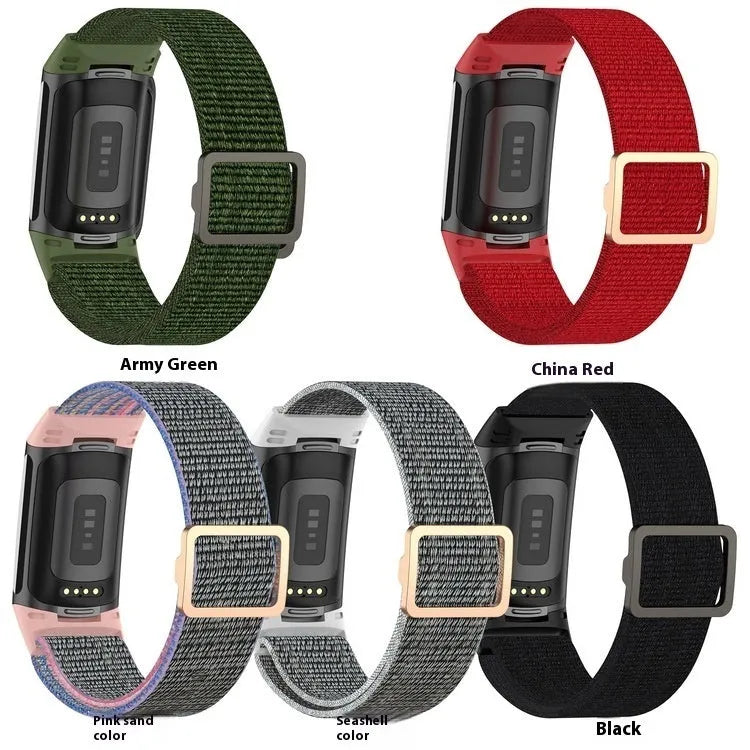 Elastic nylon woven canvas watch band for Fitbit Charge 5 or 6 in Seashell colour on a white background