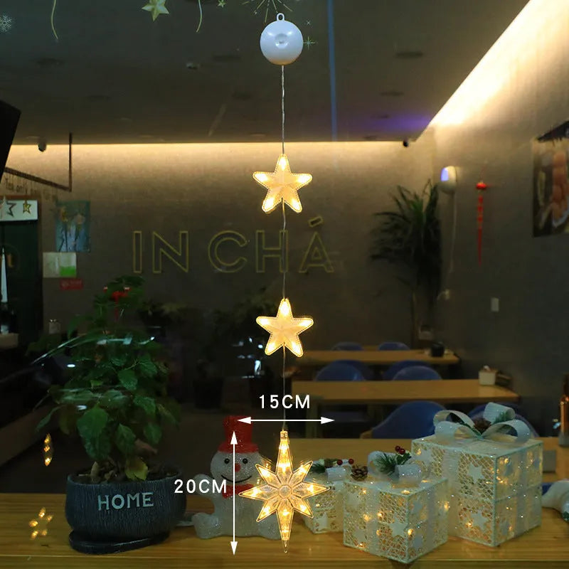 Christmas window lights with star-shaped LED pendants and suction cups for battery-operated festive decoration