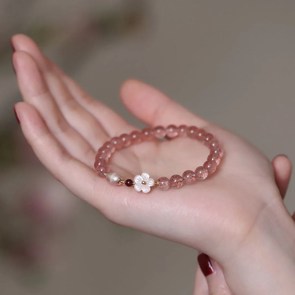 Strawberry quartz peach blossom crystal bracelet with flower-shaped beads for casual jewellery wear
