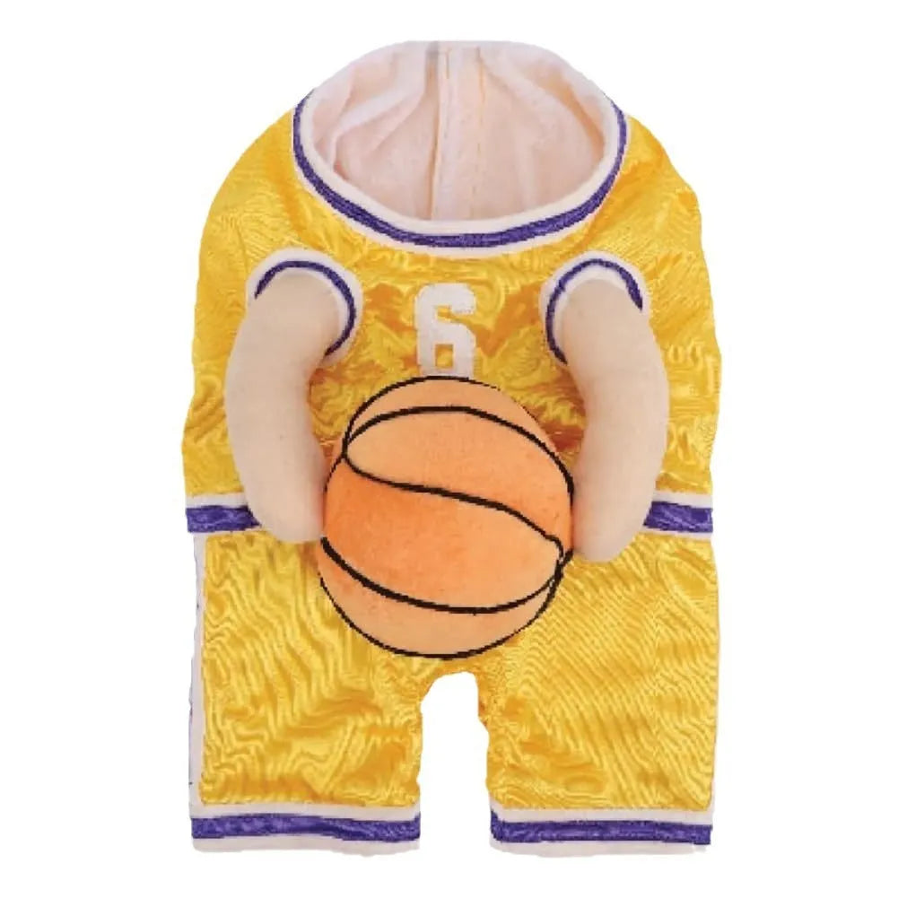 Dog wearing red basketball jersey costume with matching basketball ball accessory