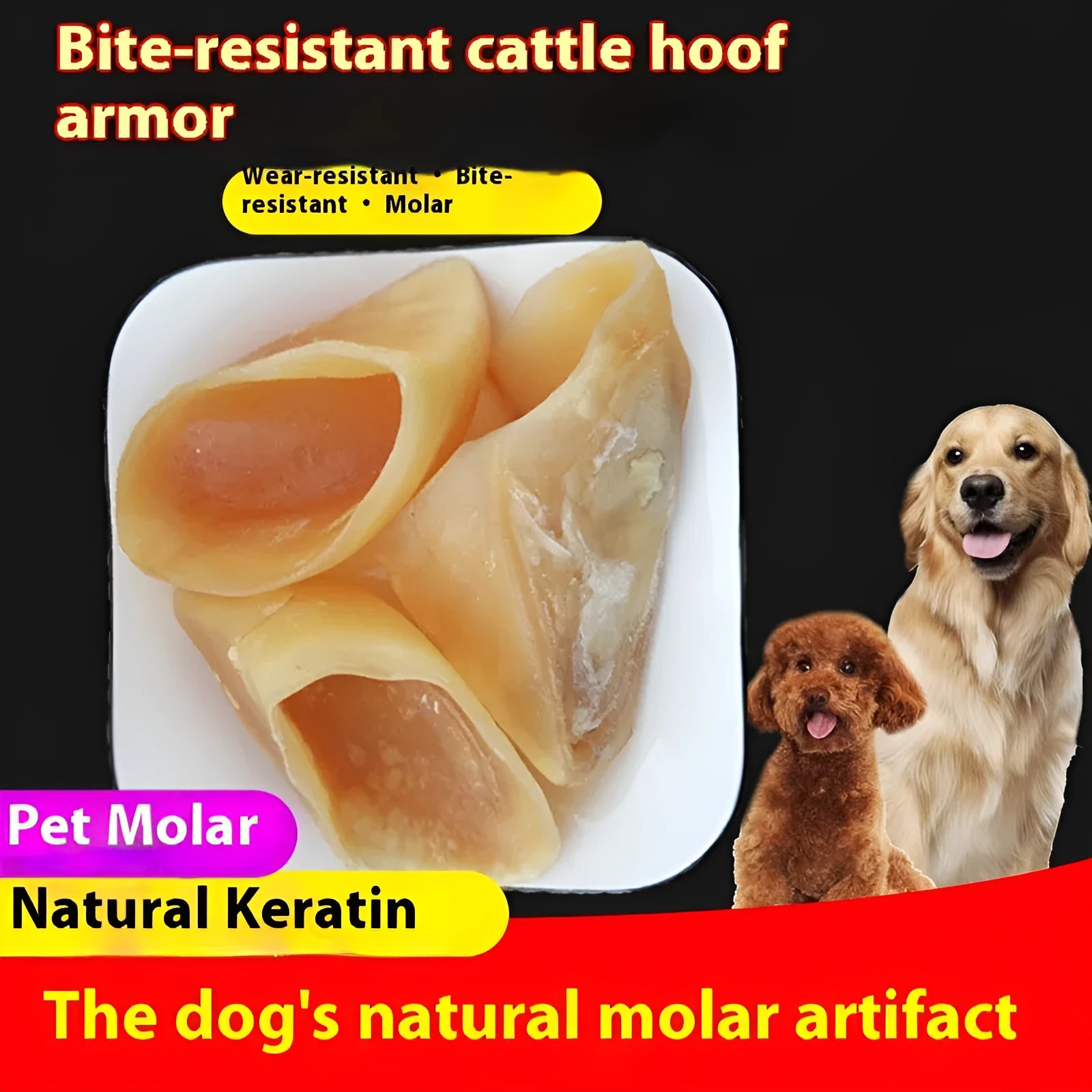 Natural hoof shell coloured cowhide dog chew on a white background, shown in small and large sizes.