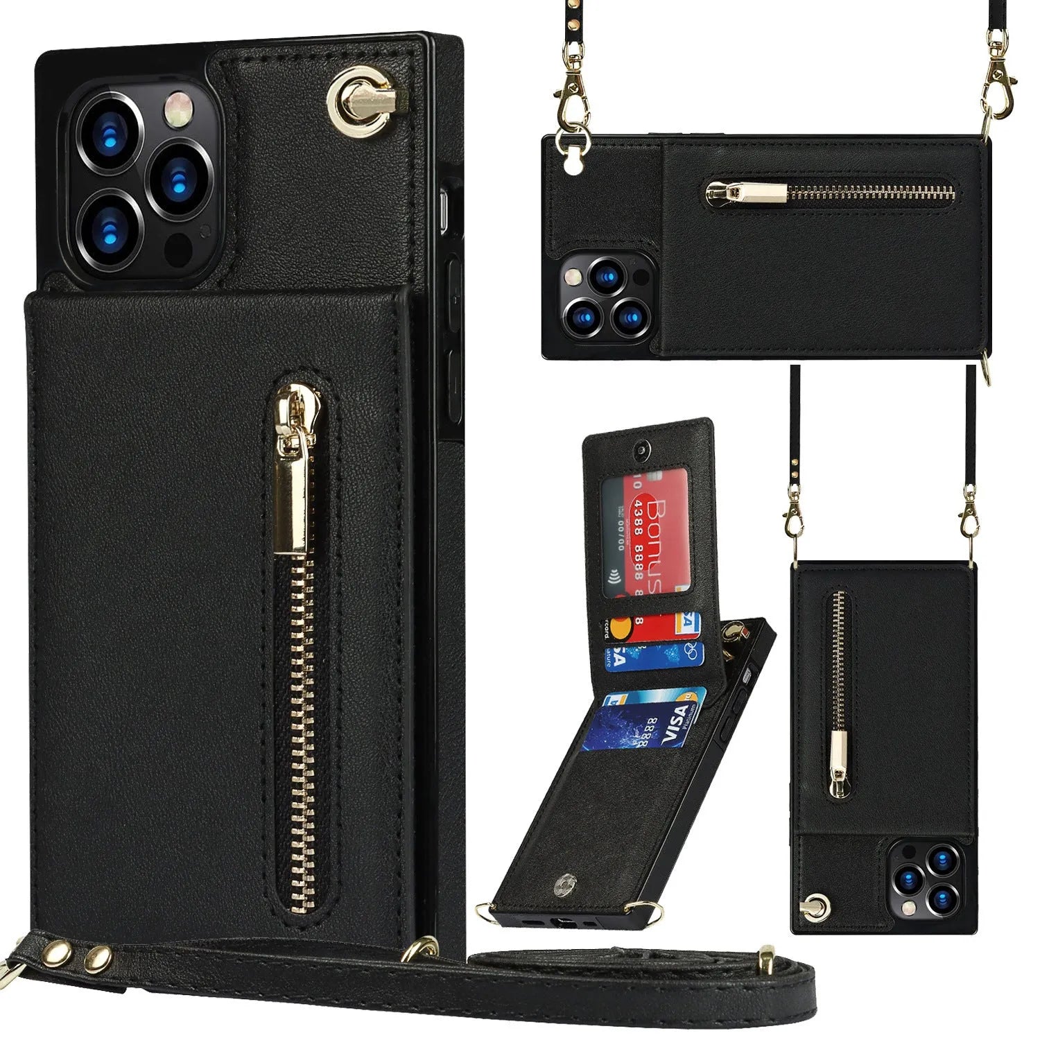 A simple black mobile phone case made from TPU and leather, shown next to purple and rose gold colour options.