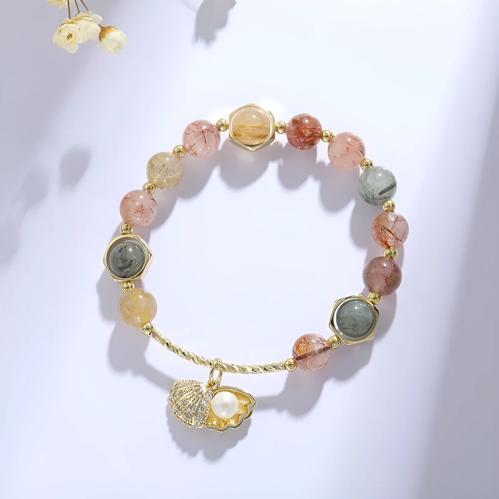 Colourful crystal bracelet with hair crystal shell and red sealant flower shell designs