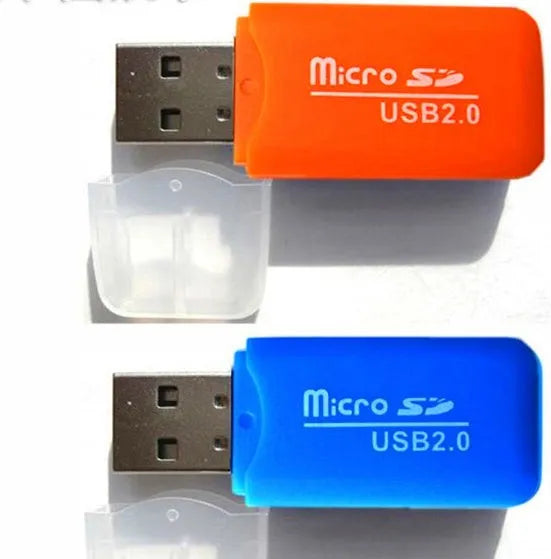 Mini USB memory card reader with slots for TF microSD and SD cards, shown with a 16GB microSD card.