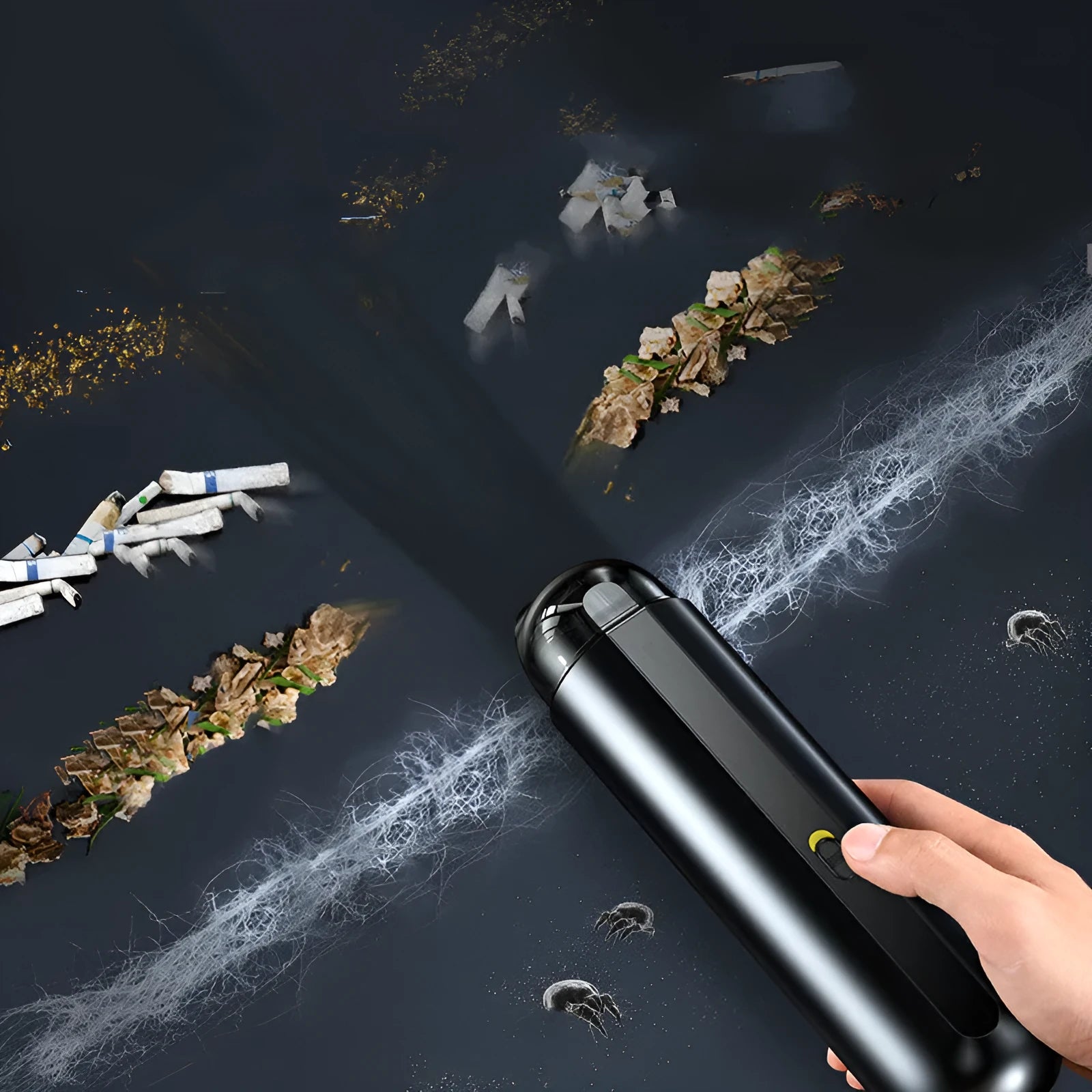 Baseus handheld car vacuum cleaner in black, white, or green next to a dust bin and blowing hose.