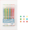 Set of nine retro colour gel pens with 0.5mm needle tips arranged in a row