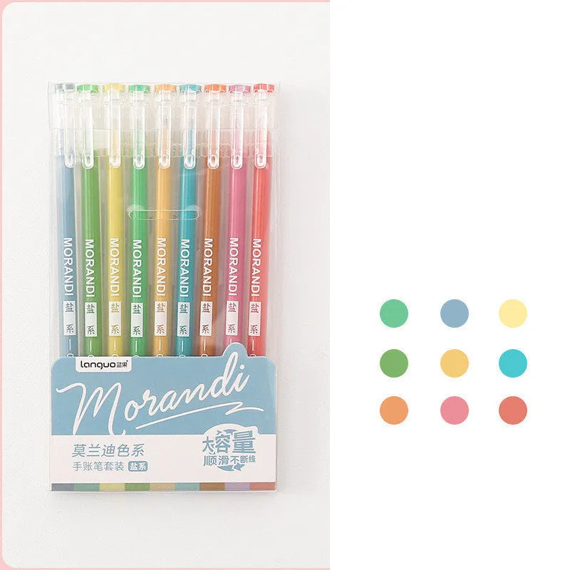 Set of nine retro colour gel pens with 0.5mm needle tips arranged in a row