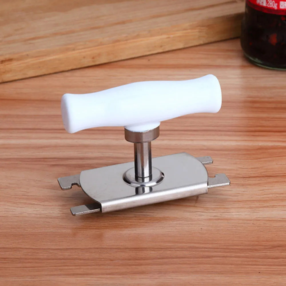 White adjustable stainless steel bottle opener with gear design and PP handle on a wooden surface.