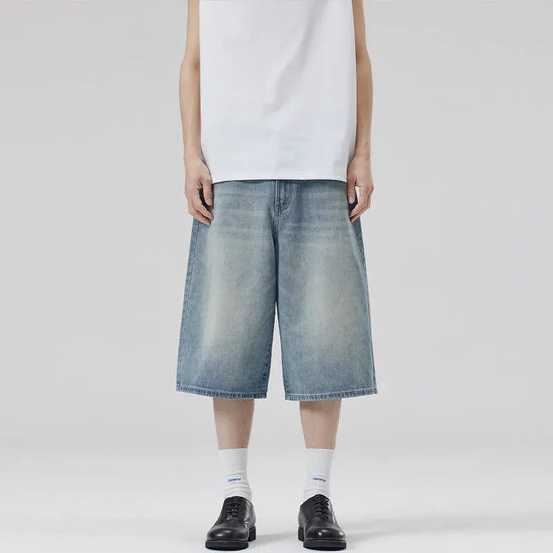 Men's loose-fit cropped denim shorts in straight-leg style for summer casual wear