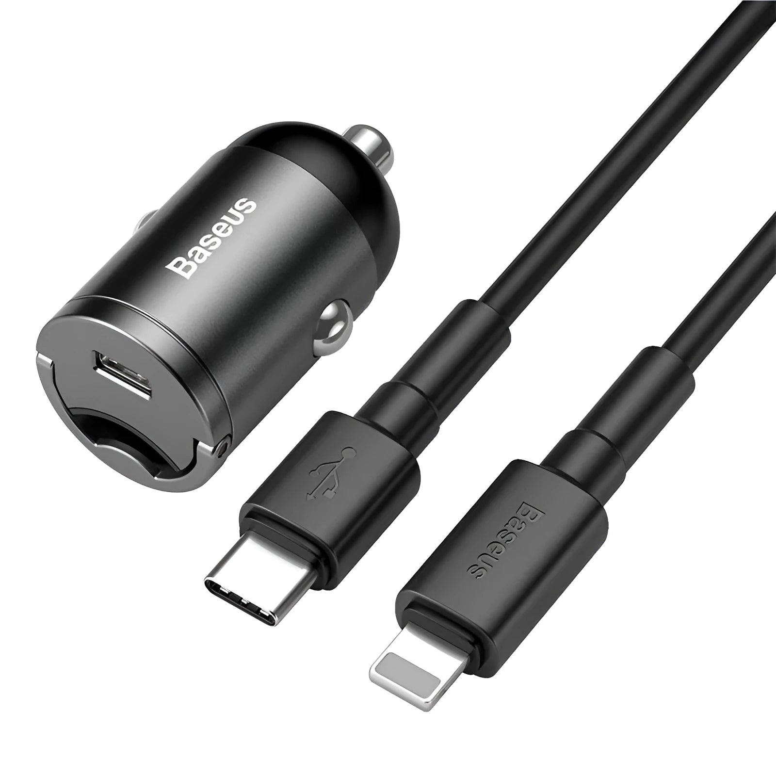 Electro-optical grey single USB port 30W car charger with 1 metre cable.