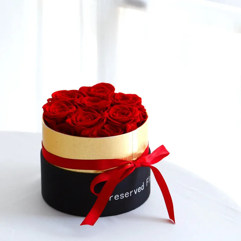 Boxed set of preserved red eternal roses in a luxury gift box for Valentine's Day.