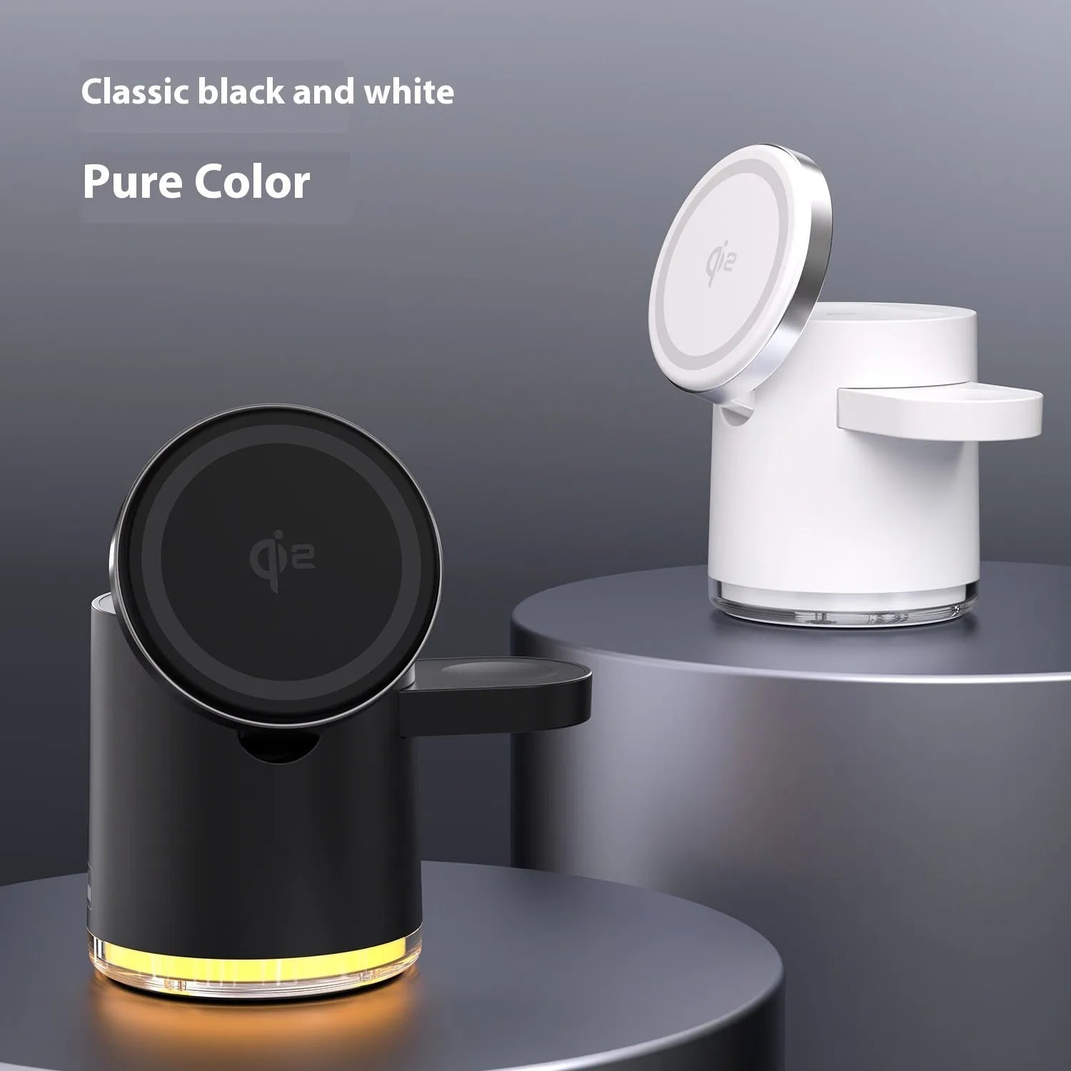 C16 portable folding three-in-one magnetic wireless charger in Black and Ivory White colours, showing phone, watch and earphone charging.