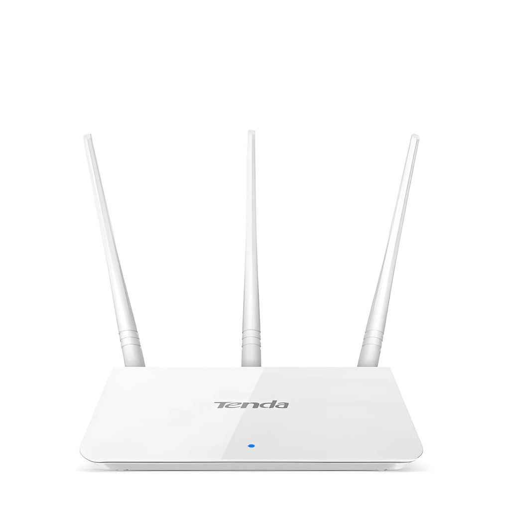 White dual-band wireless router for broadband internet connectivity.