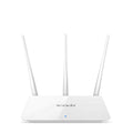 White dual-band wireless router for broadband internet connectivity.