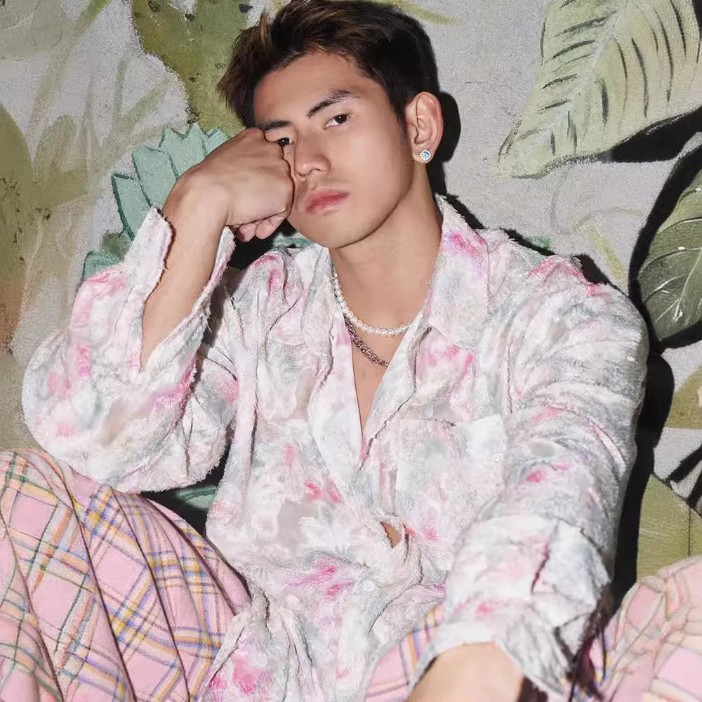 Pink and blue long sleeve shirt with a raised embossed floral pattern, shown in a loose fit.