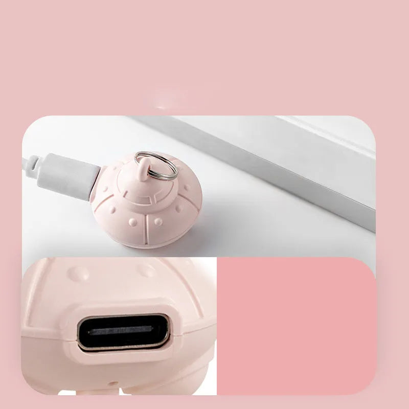Green automatic cat collar laser toy showing 3×3×2.5cm dimensions with USB charging port