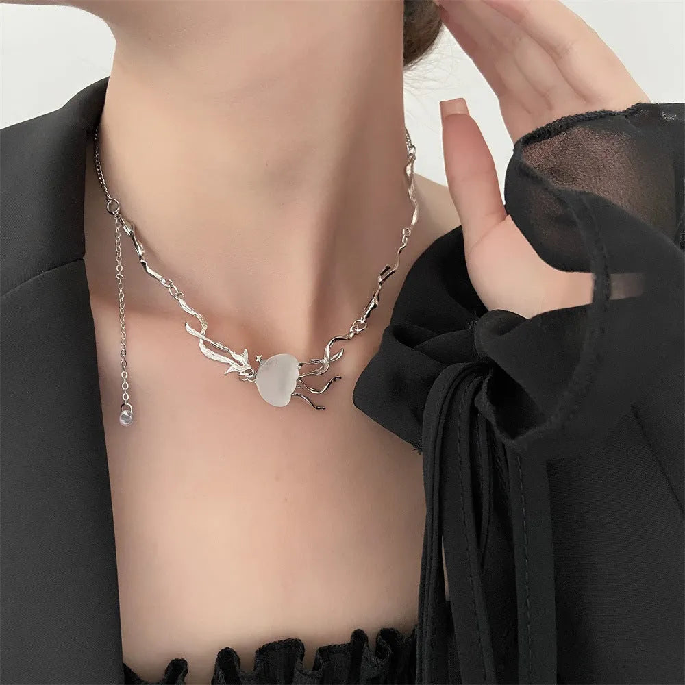 Alloy jellyfish tassel necklace for women with electroplating finish, 5 colour options, includes earrings