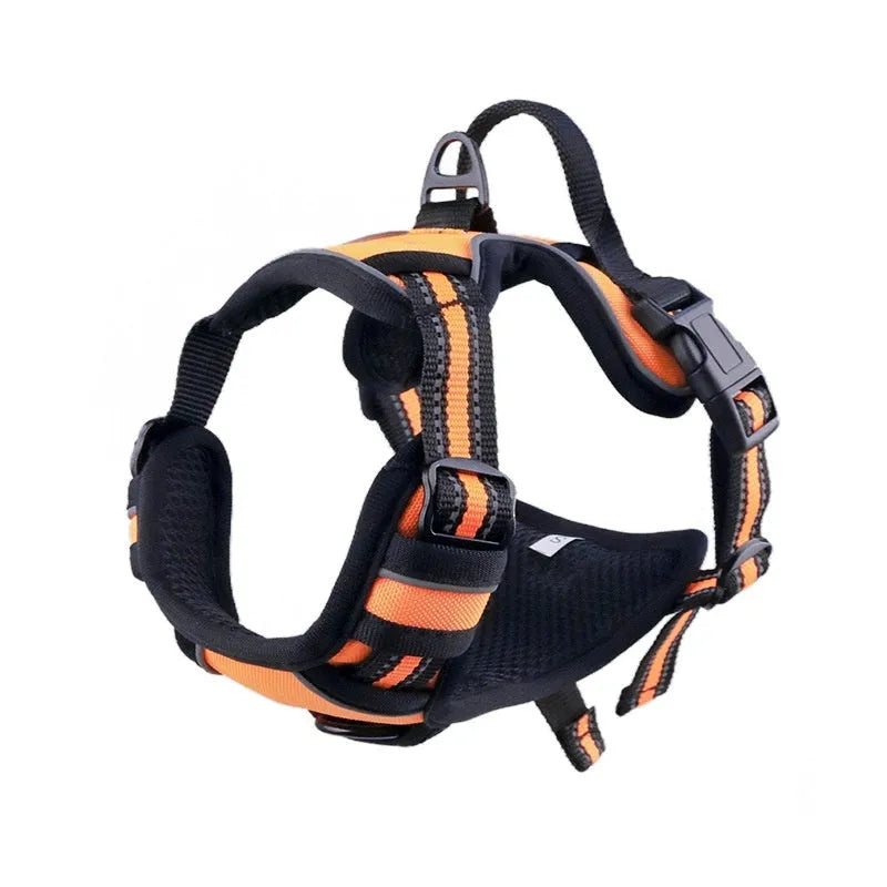 Adjustable dog chest strap harness in Oxford cloth, shown in various colours and sizes.