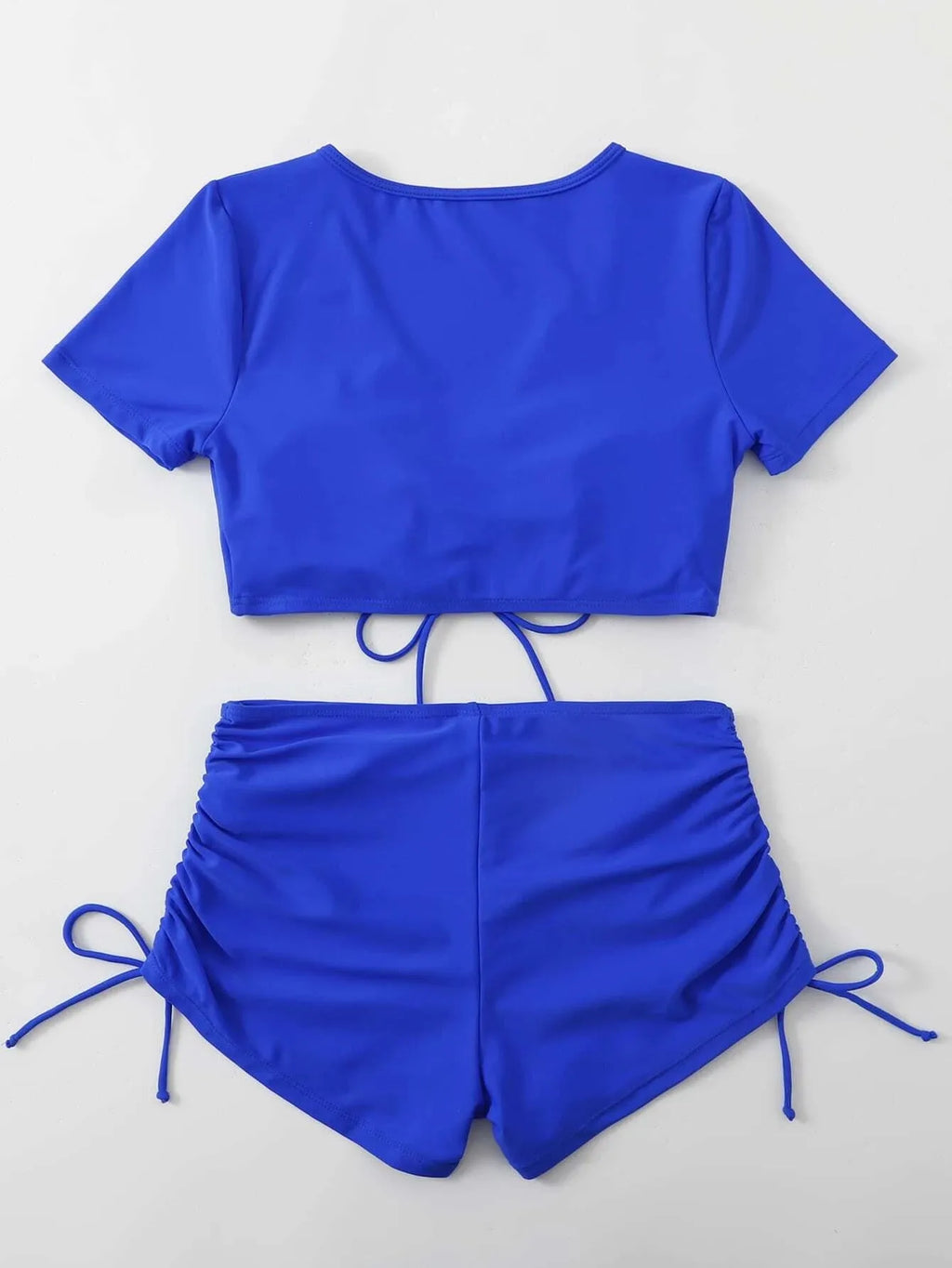 Women's lace-up bow swimsuit set in polyester fibre with matching shorts for swimming