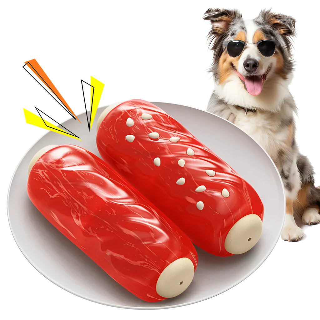 A primary coloured plastic molar rod-shaped dog chew toy.