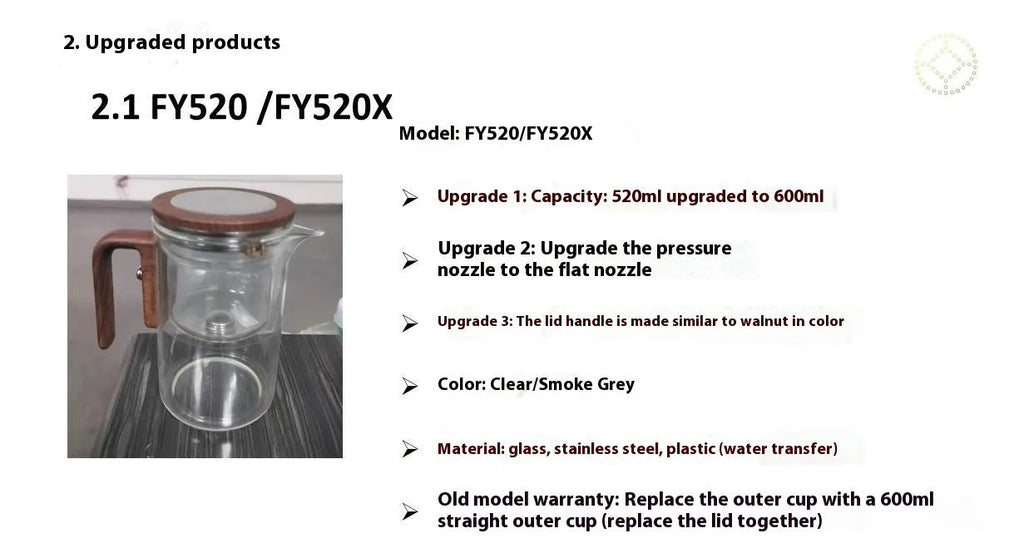 Chinese-style glass teapot with wooden handle showing magnetic filtration button and inner infuser container.