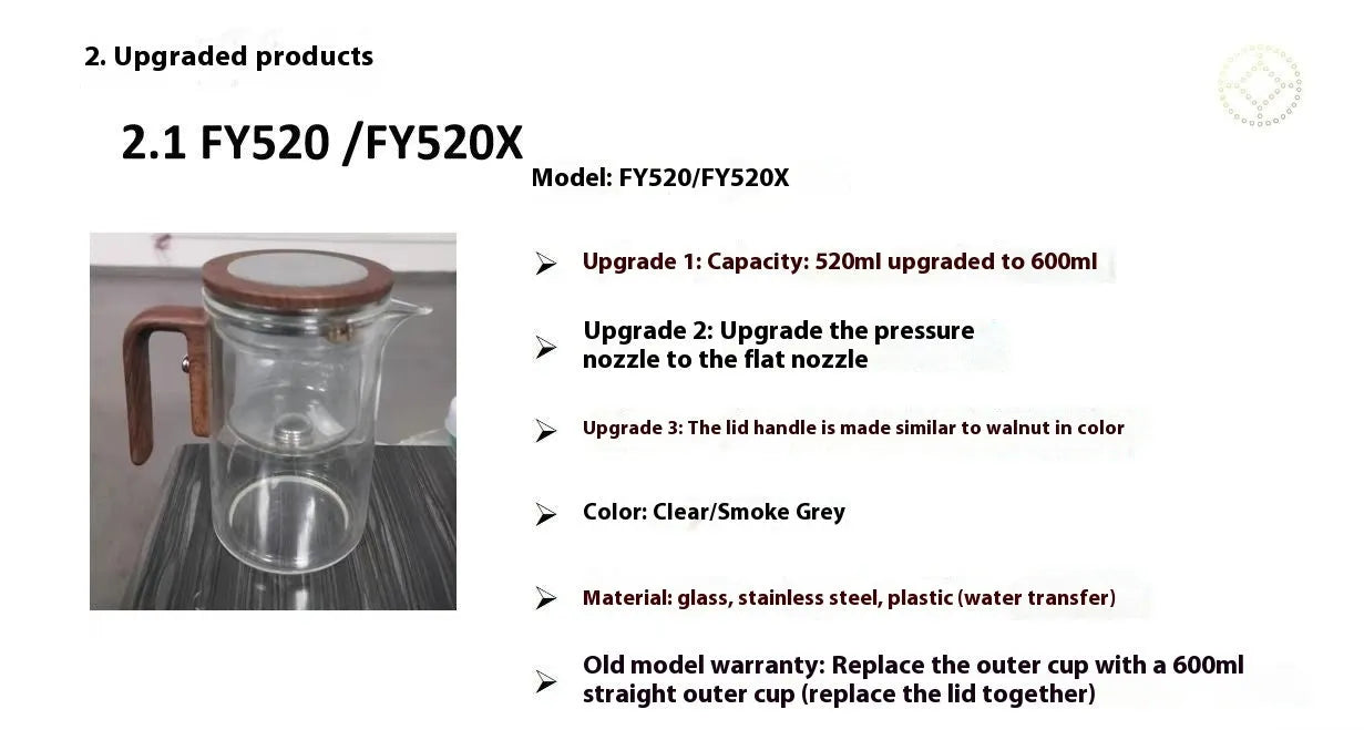 Chinese-style glass teapot with wooden handle showing magnetic filtration button and inner infuser container.