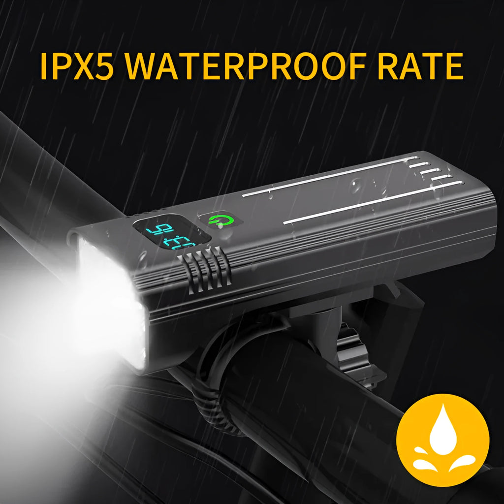 Black KX12DF digital display bicycle headlight with aluminium alloy barrel on a 360-degree rotating bracket.