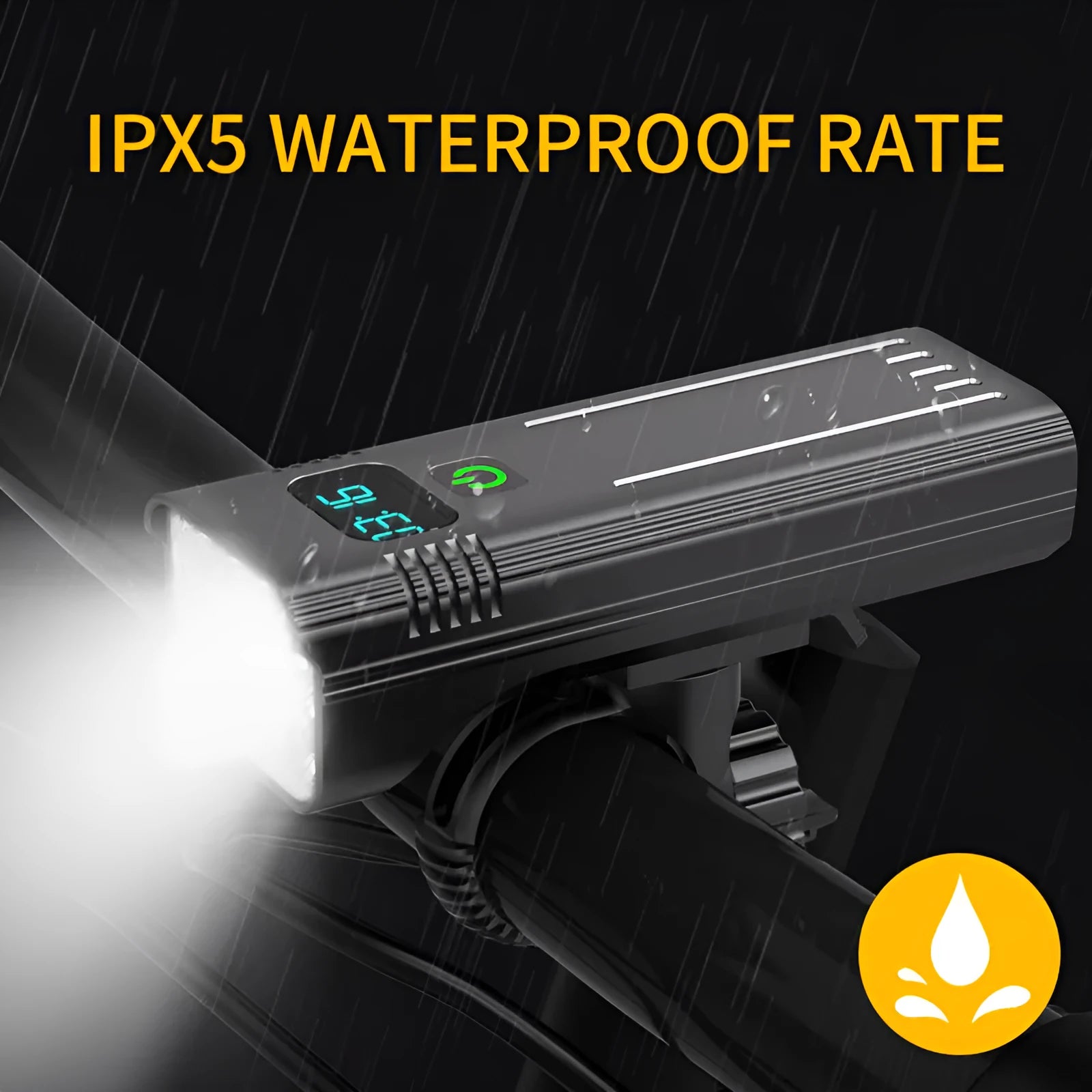 Black KX12DF digital display bicycle headlight with aluminium alloy barrel on a 360-degree rotating bracket.
